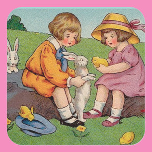 Sticker Carré Pâques Animaux Mignons Vintage