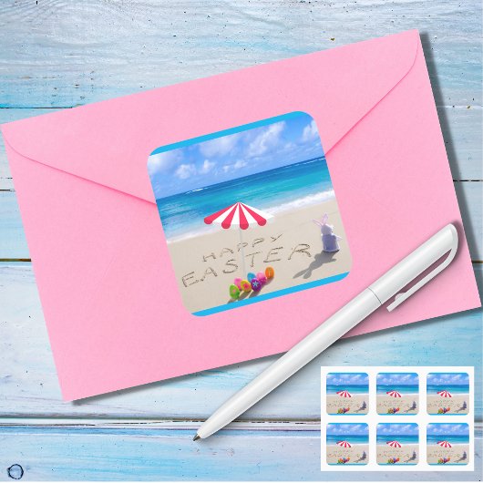 Sticker Carré Pâques joyeuses sur la plage tropicale côtière de 