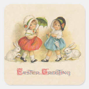 Sticker Carré Pâques vintage Enfants Lapins Bonnets Antique