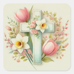 Sticker Carré Pâques Vintage Fleurs Croix Religieuse Printemps