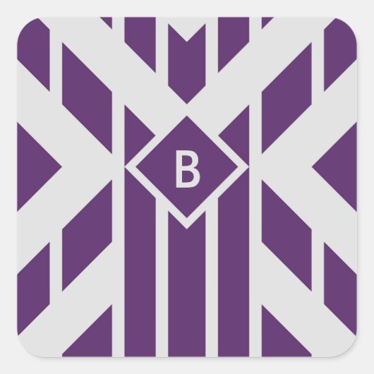 Sticker Carré Parallélogramme violet rayures sur gris avec Monog (Devant)