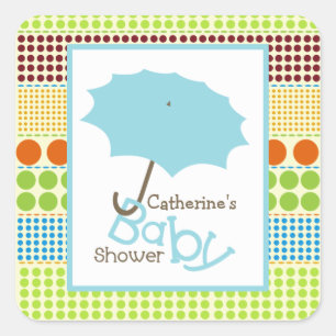 Sticker Carré Parapluie de baby shower et points bleus de Boho