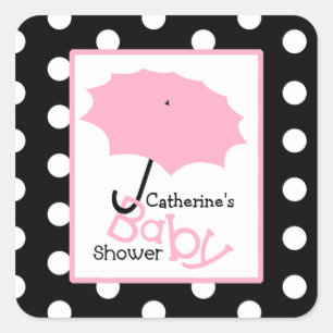 Sticker Carré Parapluie et pois roses de baby shower