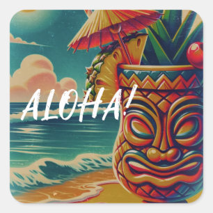 Sticker Carré Parapluie Tiki Tropical Boisson Vintage Fête Luau