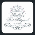 Sticker Carré Parchemins gris bleu, logo Bat mitzvah Tiara<br><div class="desc">Tourbillons gris bleu (rouleaux) et Tiara en forme de coeur Sticker Bat mitzvah. Vous pouvez l'utiliser pour différentes occasions.</div>