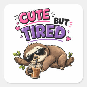 Sticker Carré Paresseux mignon mais fatigué avec café glacé