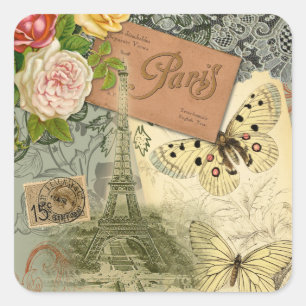 Sticker Carré Paris France Art Antique Collage Eiffel Français