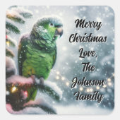 Sticker Carré Parrot Amazon mignon sur une branche d'hiver Noël (Devant)