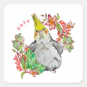 Sticker Carré Parrot Corella mignonne dans les fleurs tropicales