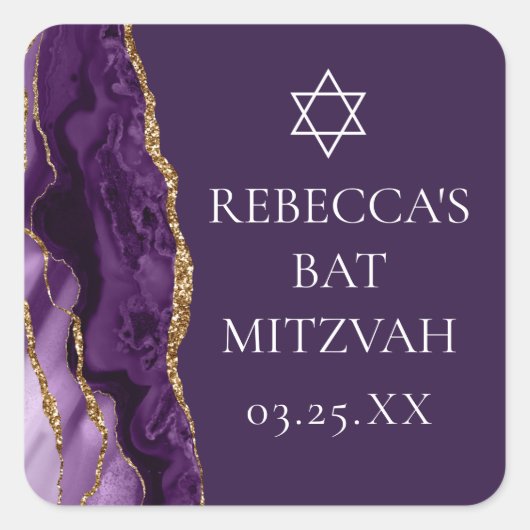 Sticker Carré Parti Bat mitzvah d'âge or violet chic (Devant)