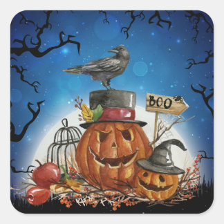 Sticker Carré Parti Citrouille Halloween Raven