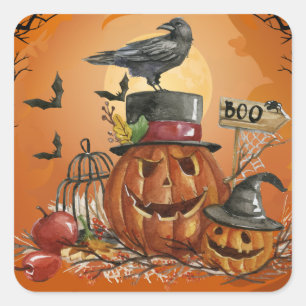 Sticker Carré Parti Citrouille Halloween Raven
