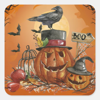 Sticker Carré Parti Citrouille Halloween Raven