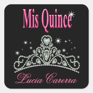 Sticker Carré Parti Diamond Tiara Quinceañera (noir/rose)