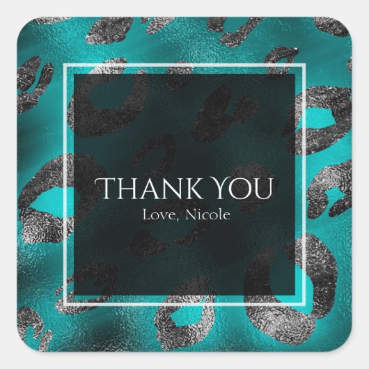 Sticker Carré Parti Empreinte de léopard turquoise et argent Fav (Devant)