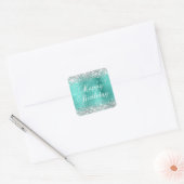 Sticker Carré Parties scintillant Argent Turquoise Joyeux annive (Enveloppe)