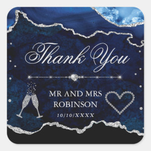 Sticker Carré Parties scintillant bleue et argent  marbre Agate 