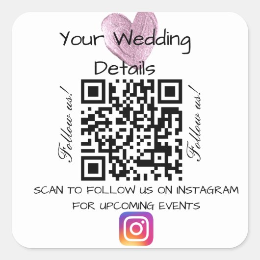 Sticker Carré Parties scintillant cardiaque rose mariage qr code (Devant)