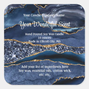 Sticker Carré Parties scintillant d'or bleu Agate Marbre bougie
