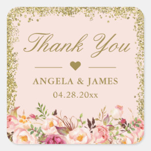 Sticker Carré Parties scintillant d'or rose pâle Floral Mariage