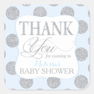 Sticker Carré Parties scintillant en argent Pots bébé Merci bleu