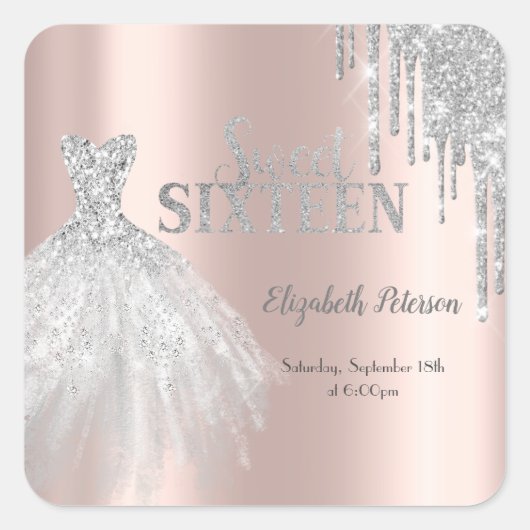 Sticker Carré Parties scintillant en argent, robe Rose Gold Swee (Devant)