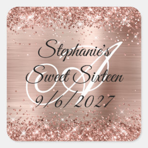Sticker Carré Parties scintillant or Rose Faux et Sweet sixteen 