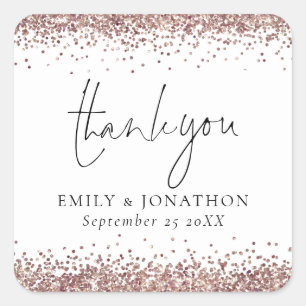 Sticker Carré Parties scintillant or rose Nom Date Merci Mariage