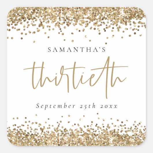 Sticker Carré Parties scintillant Or tendance Nom Date Trentième (Devant)