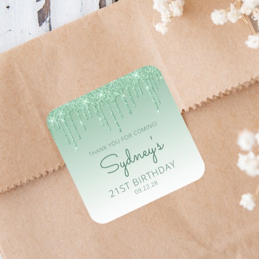 Sticker Carré Parties scintillant verte 21e anniversaire Merci