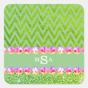 Sticker Carré Parties scintillant verte Chevron Pink Bling Monog