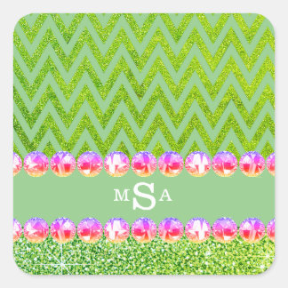 Sticker Carré Parties scintillant verte Chevron Pink Bling Monog
