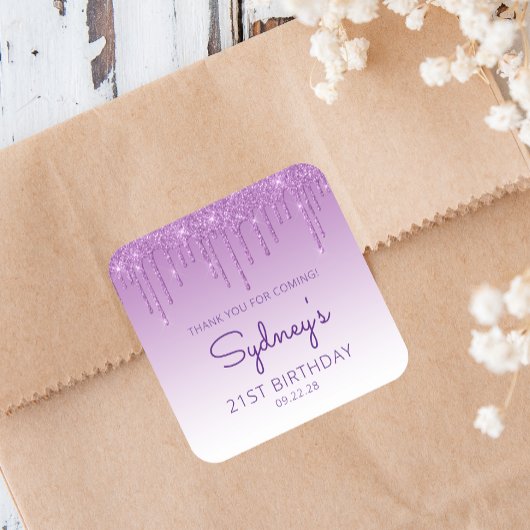 Sticker Carré Parties scintillant violette 21e anniversaire Merc