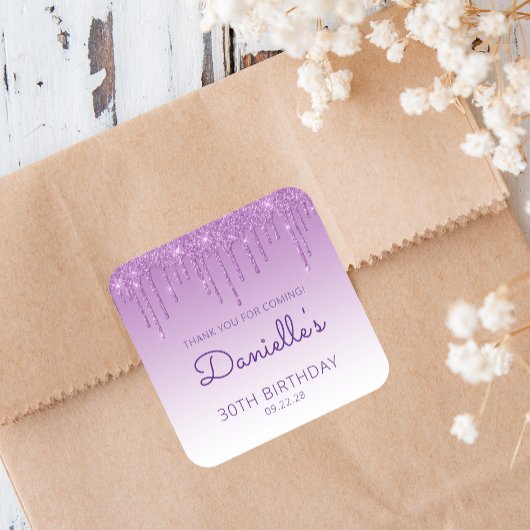 Sticker Carré Parties scintillant violette 30e anniversaire Merc