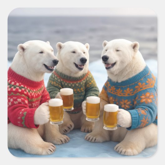 Sticker Carré Party Polar Bears Wearing Christmas Ugly Sweaters (Devant)