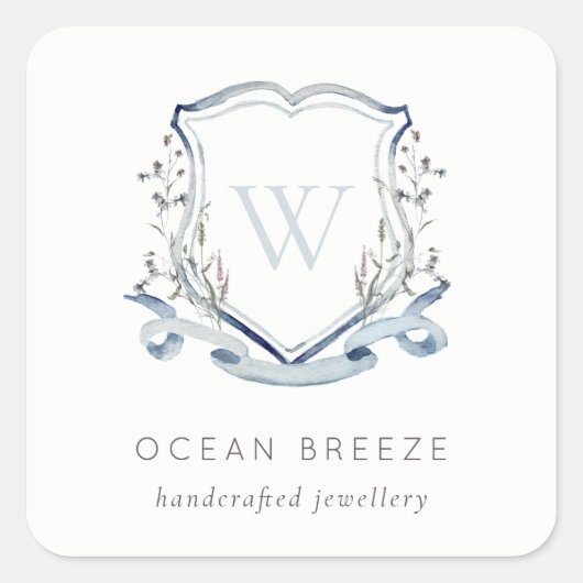 Sticker Carré Pastel Blue Fleur sauvage Aquarelle Crest Monogram (Devant)