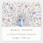 Sticker Carré Pastel Classy Ornate Aquarelle Peacock Adresse (Devant)