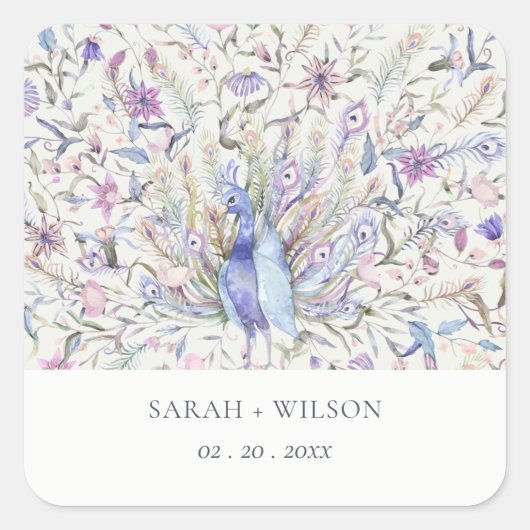 Sticker Carré Pastel Classy Ornate Aquarelle Peacock Mariage (Devant)