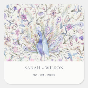 Sticker Carré Pastel Classy Ornate Aquarelle Peacock Mariage
