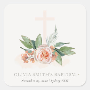 Sticker Carré Pastel Doux Peach Rose Floral Cross Bunch Baptême