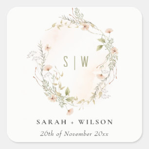 Sticker Carré Pastel Fleur sauvage Floral Monogramme Mariage de