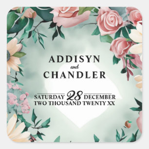 Sticker Carré Pastel Flower Elégance : Sage Green Floral Mariage