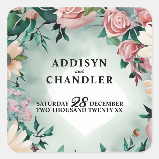 Sticker Carré Pastel Flower Elégance : Sage Green Floral Mariage (Devant)