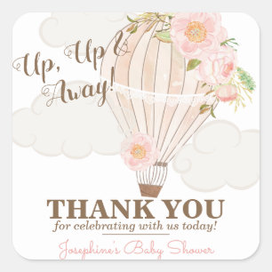Sticker Carré Pastel Pink Hot Air Balloon Girl Baby shower Favor