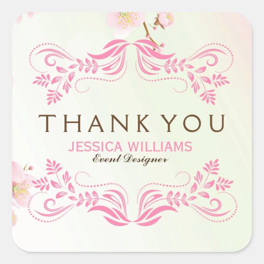 Sticker Carré Pastel rose & blanc Merci en fleurs de cerise (Devant)