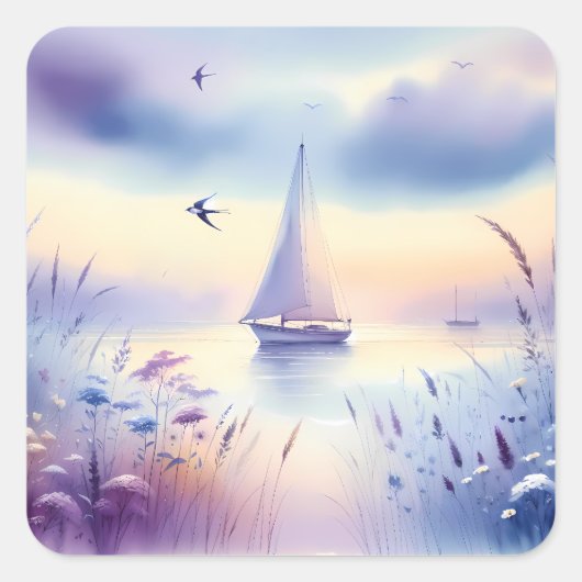 Sticker Carré Pastel Sailboat Coastal Dreamscape (Devant)