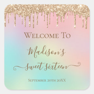 Sticker Carré Pastel Unicorn Dripping Gold Parties scintillant S