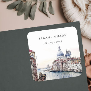 Sticker Carré Pastel Venice Italie Canaux Aquarelle Mariage