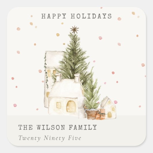 Sticker Carré Pastel White Snow Tree Maisons Joyeuses Fêtes (Devant)