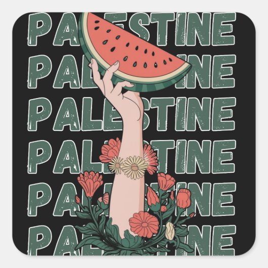 Sticker Carré pastèque, fleurs et palestine Texte Répéter (Devant)